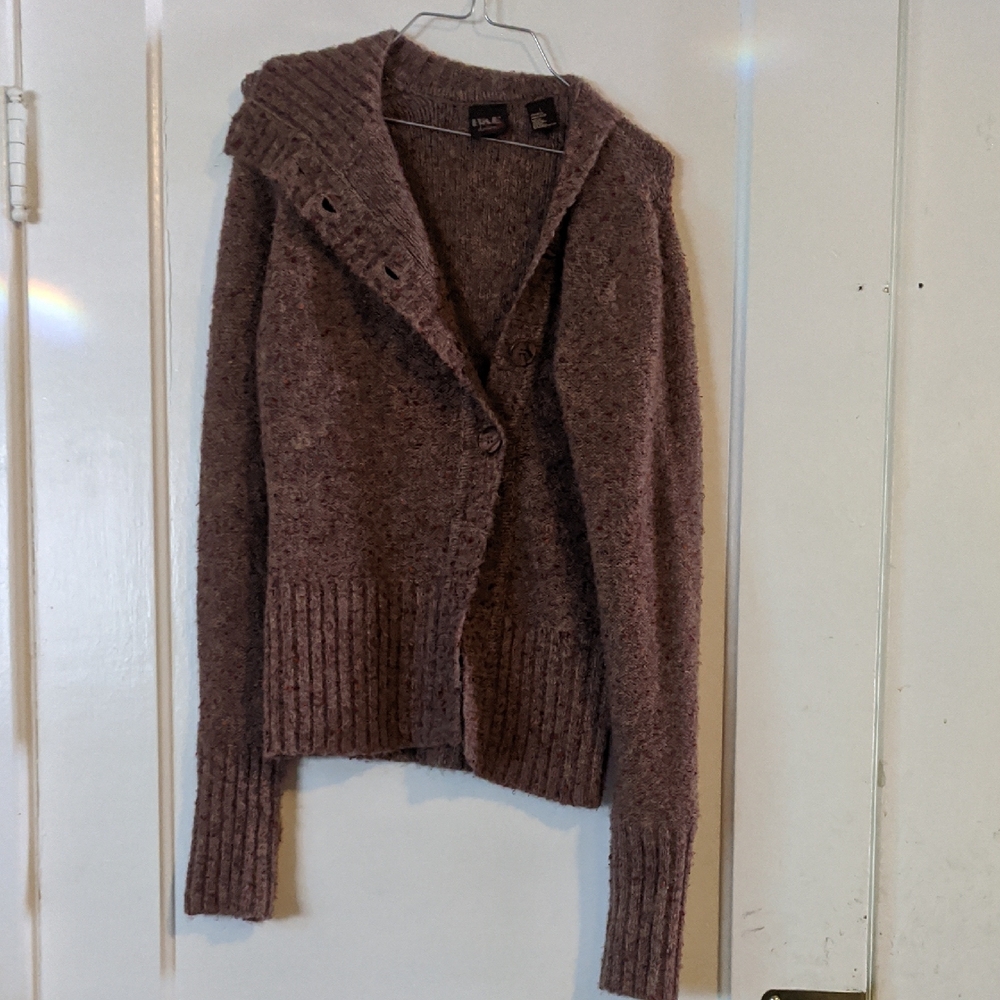 BKE Denim Brown Multi Cardigan Size Large Button Sleeve Detail